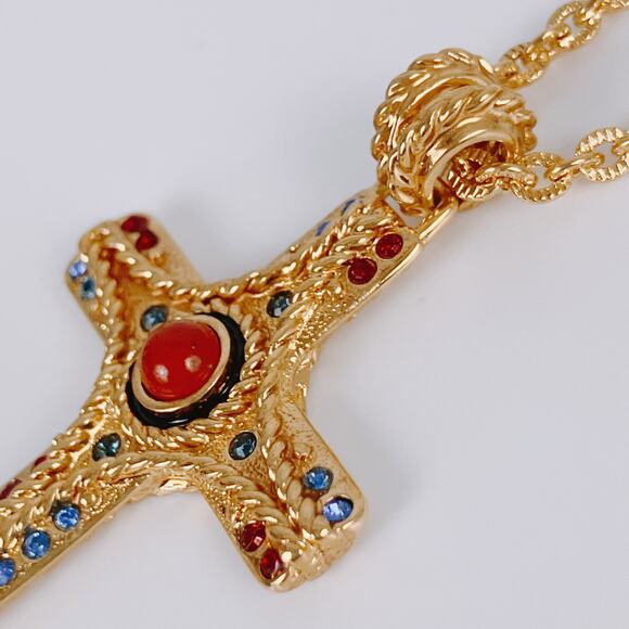 Signed JBK Camrose & Kross 18K Plated Byzantine Jasper Gemstone Cross Necklace - Picture 8 of 15